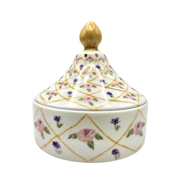 Hand-Painted Floral Porcelain Trinket Box With Gold Accents & Lid - Picture 1 of 15